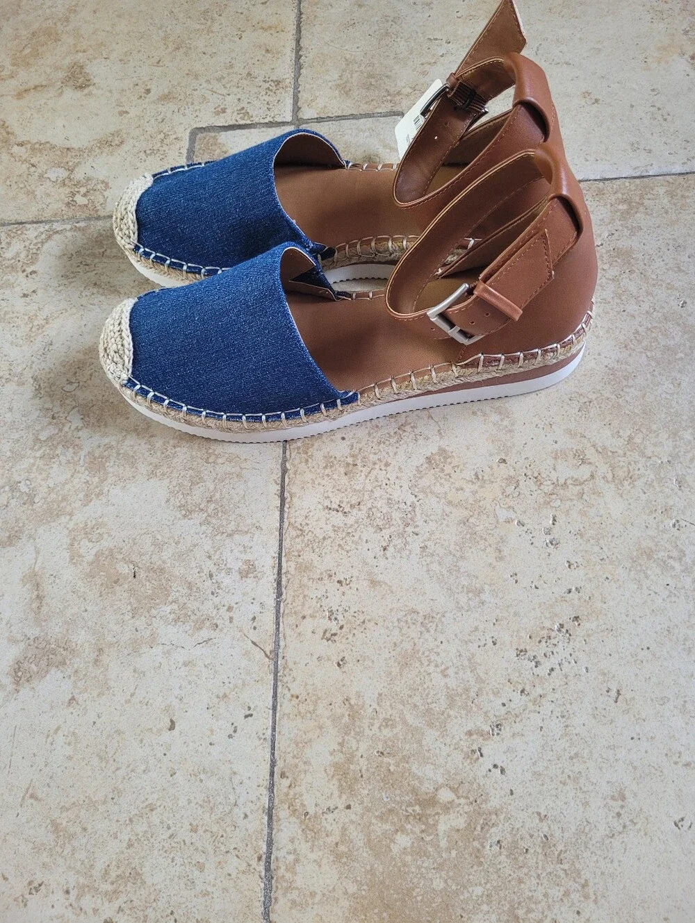 A.N.A Ankle-Strap Espadrille Flat - Blue Denim & Tan